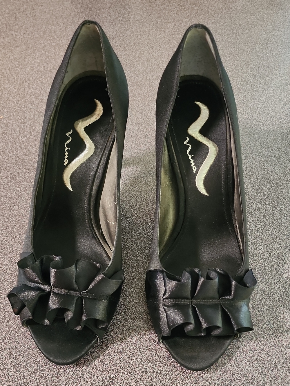 Nina Black Satin Peep-Toe Ruffle Heels